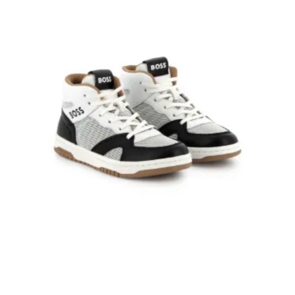 BOSS Kids Mid-Top Sneakers in White, Black and Brown
